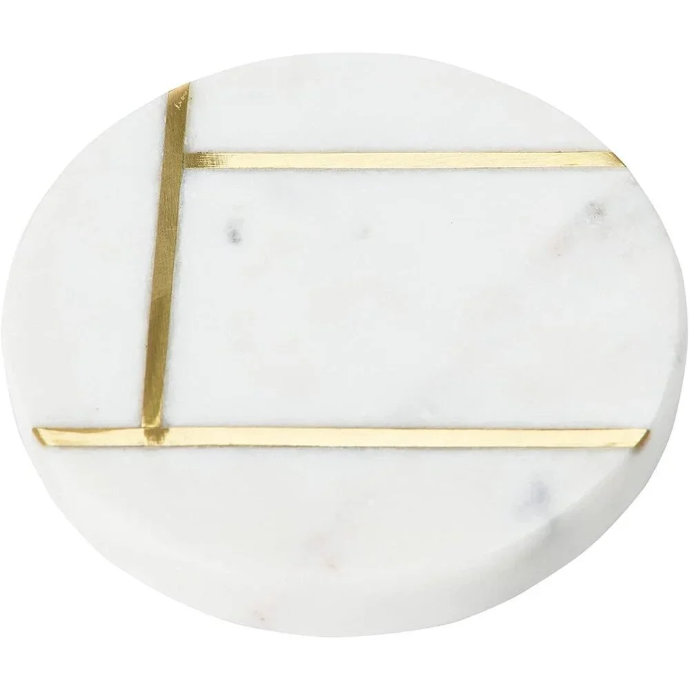 Creative Co-Op Round Marble Coasters with Brass Inlay, White, Set of 4/NWT